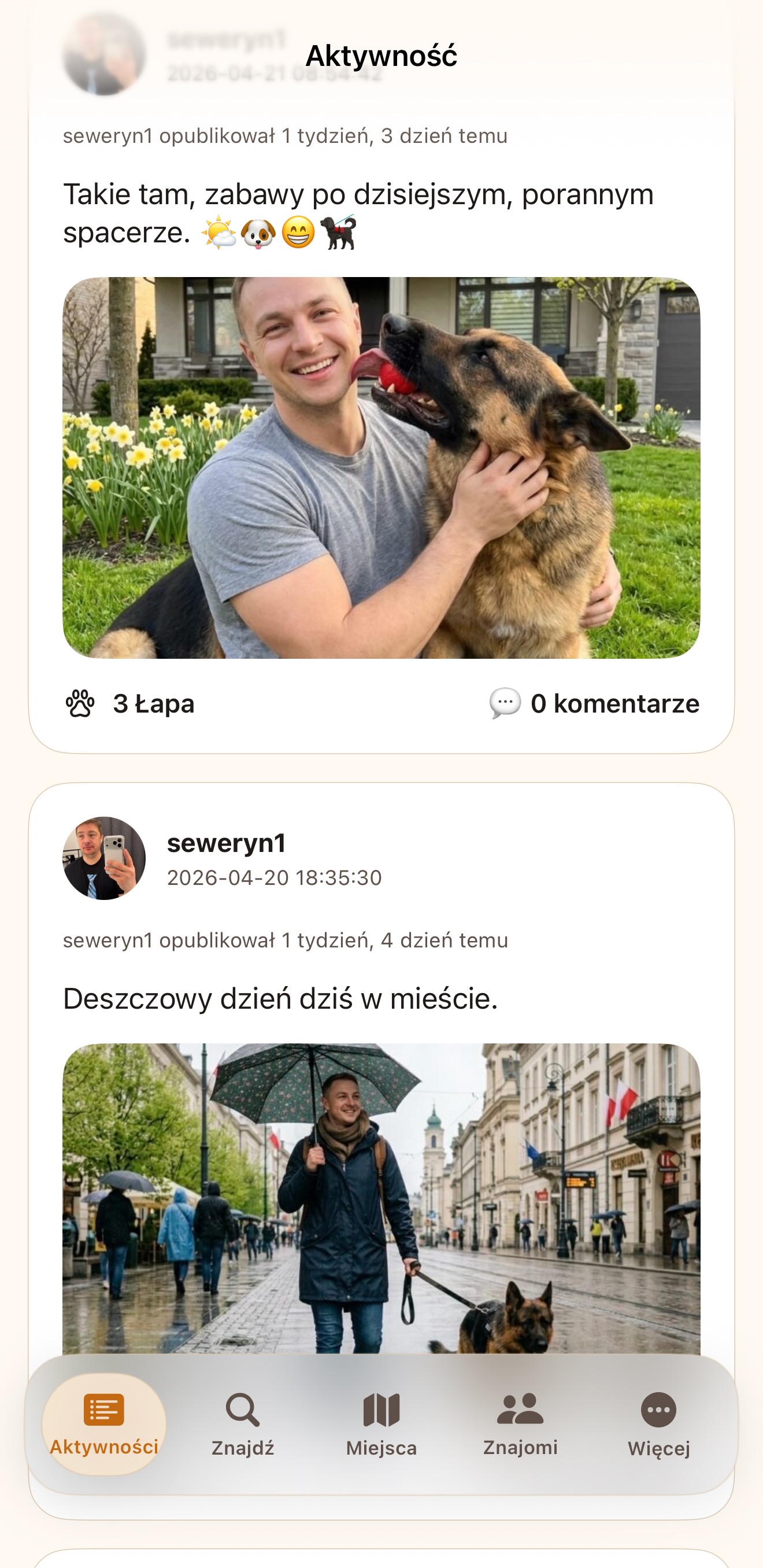 Ekran aplikacji Łapowo - aktywność użytkowników