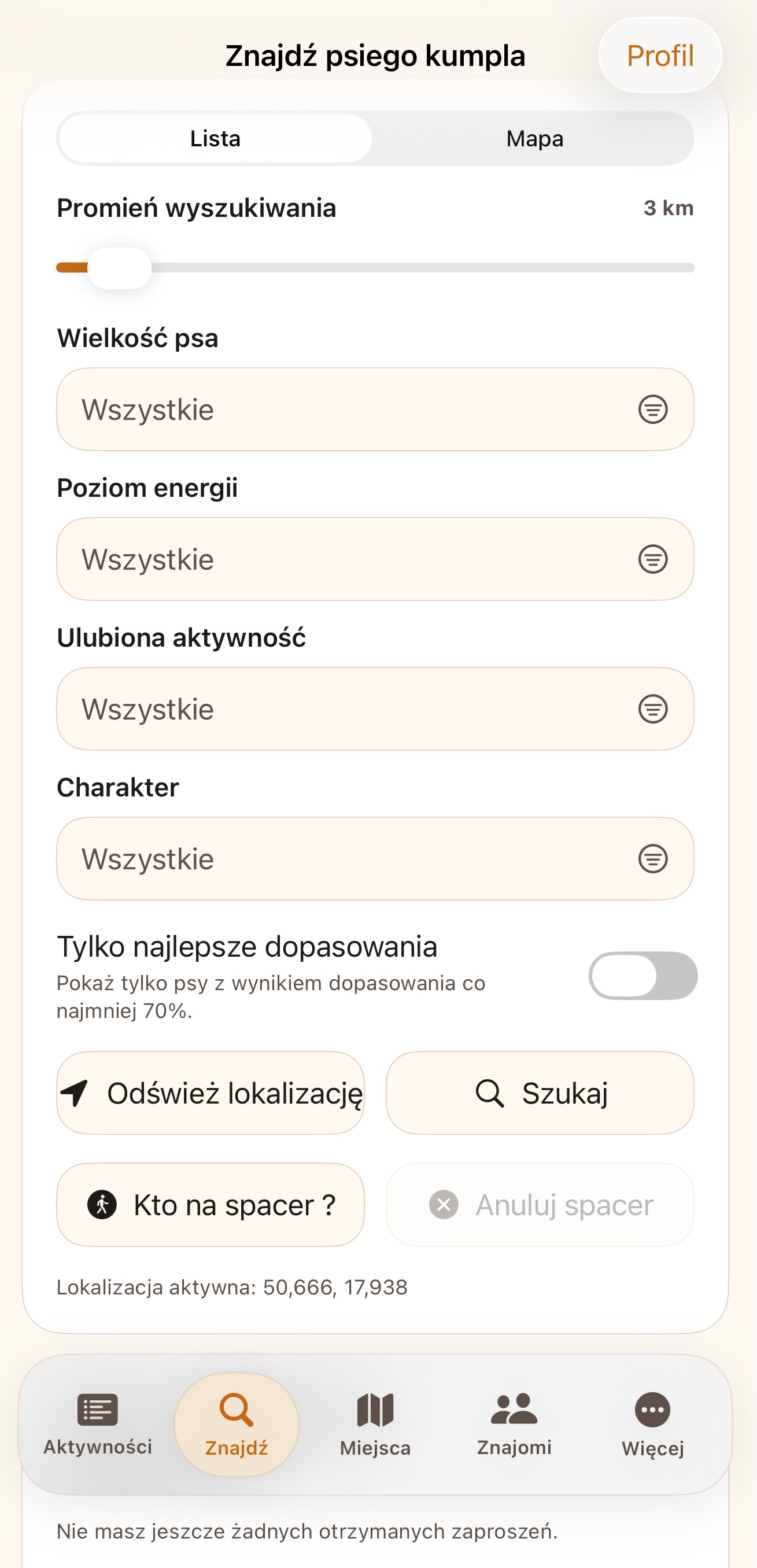 Ekran aplikacji Łapowo - znajdowanie psiego kumpla i funkcja Kto na spacer