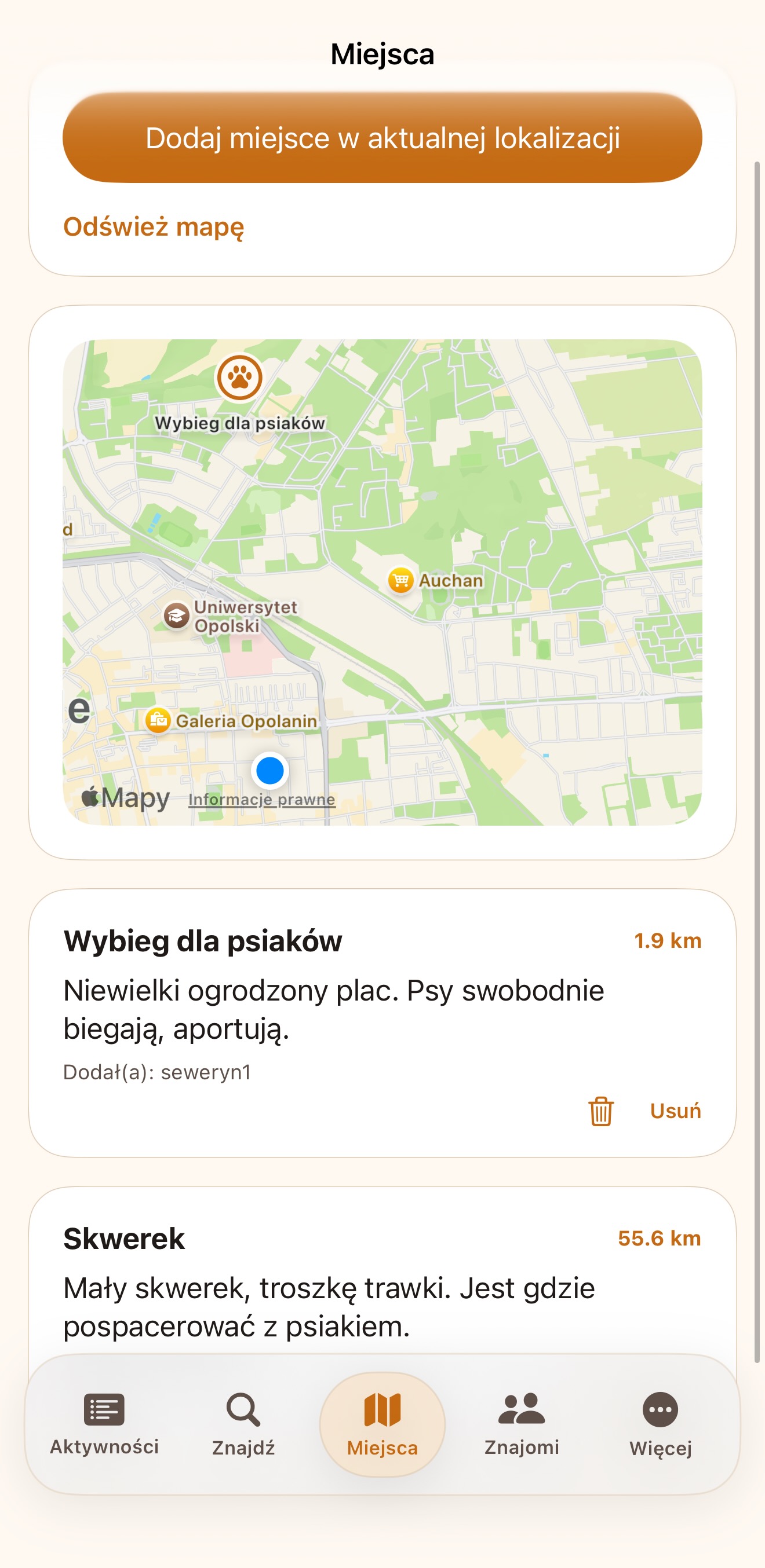 Ekran aplikacji Łapowo - sekcja Miejsca i mapa