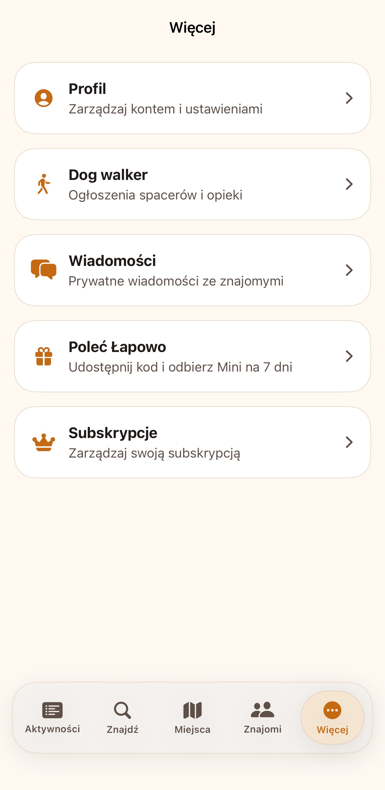 Ekran aplikacji Łapowo - sekcja Więcej